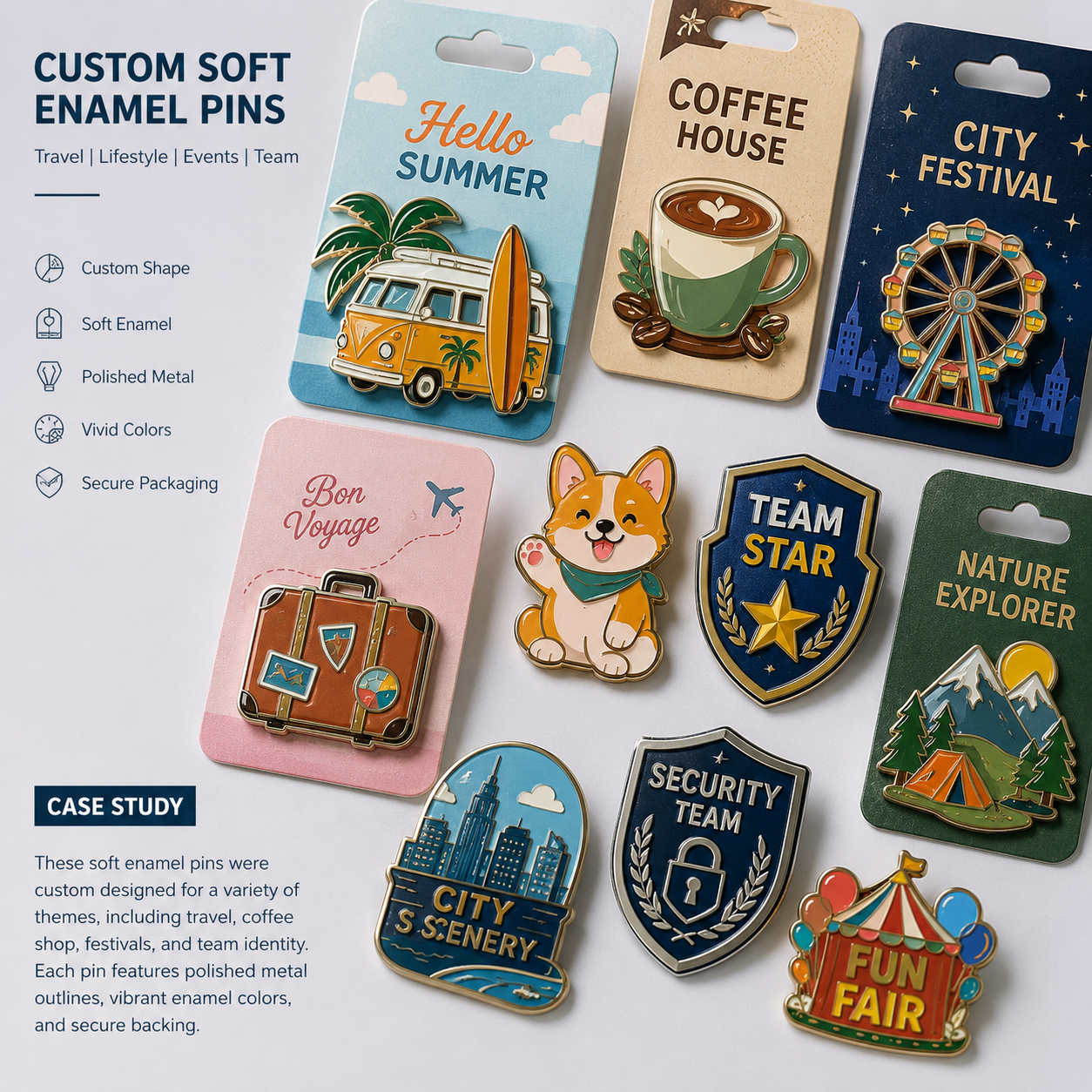 Custom soft enamel pins with backing cards for travel, lifestyle, events and team themes