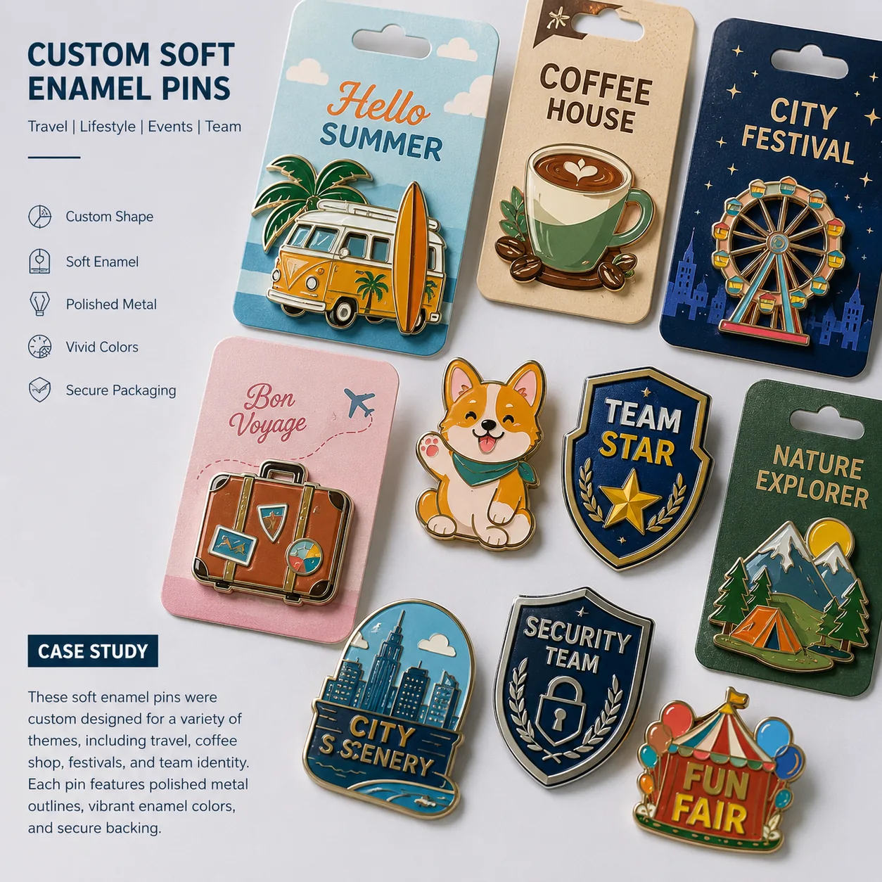Company lapel pins and soft enamel pins on backing cards