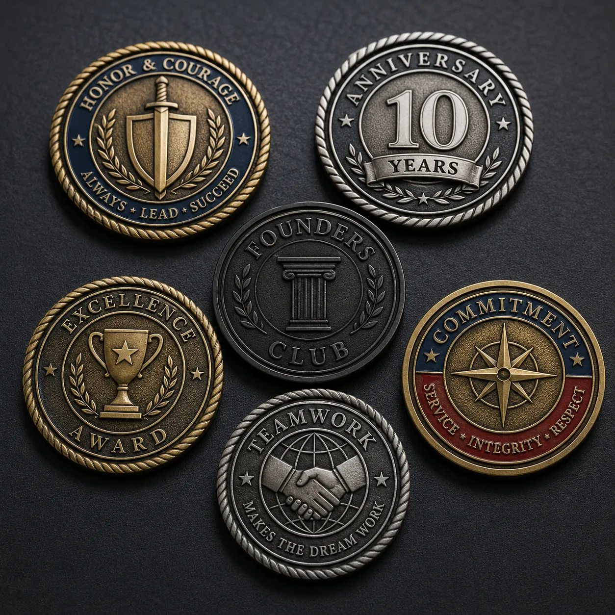 Custom challenge coins with antique metal finish and raised relief