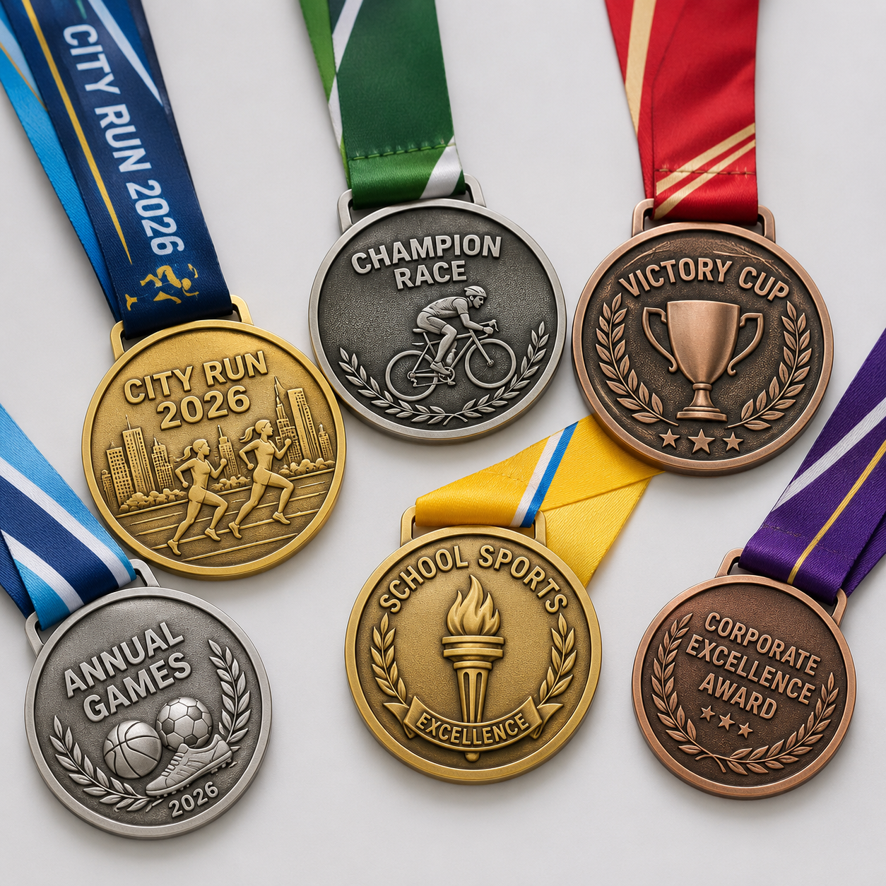 Custom award medals with ribbons in gold, silver and bronze finishes