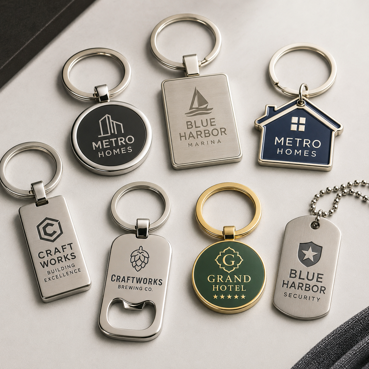 Custom metal keychains and engraved metal tags for hotels and real estate brands