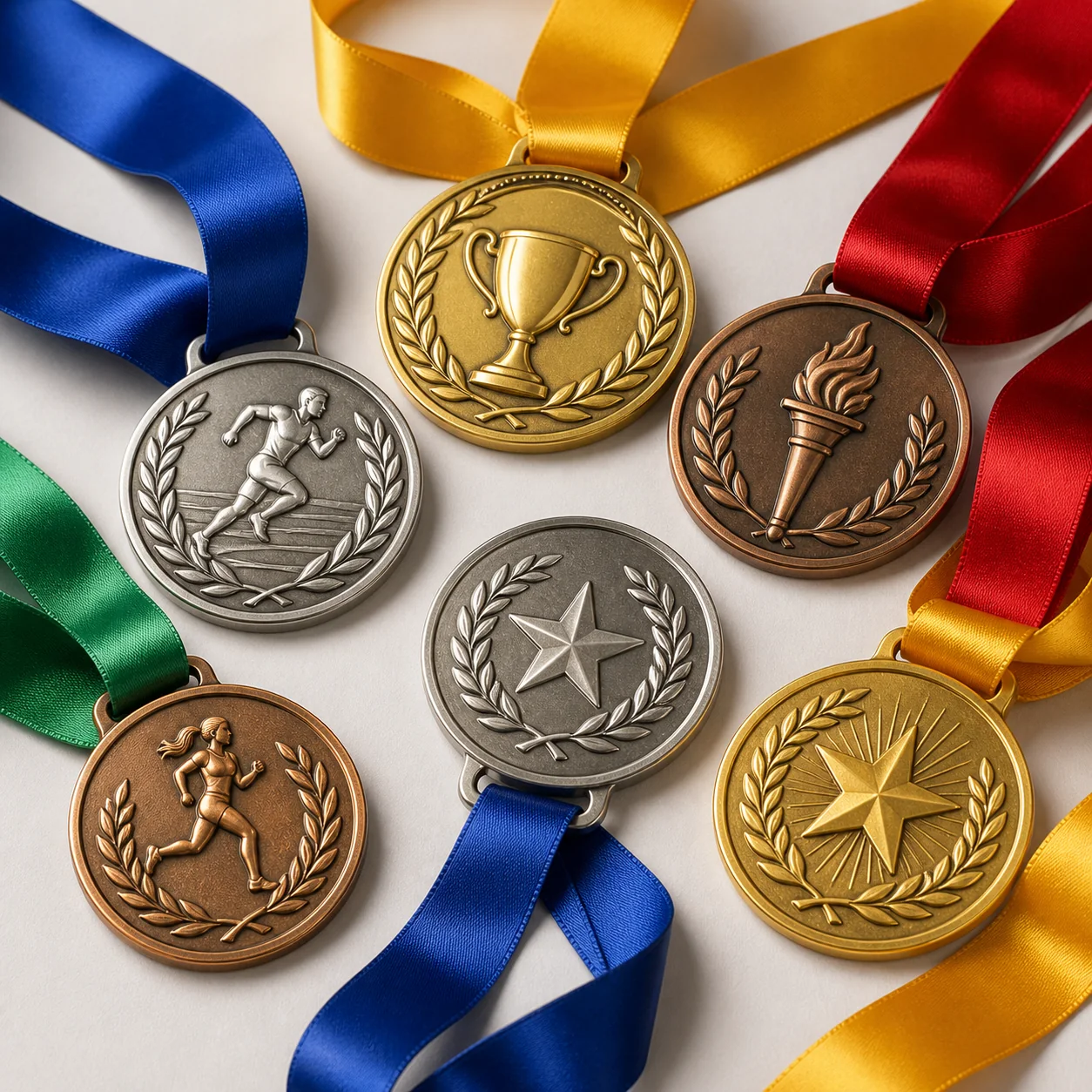 Custom award medals with sports designs and colored ribbons