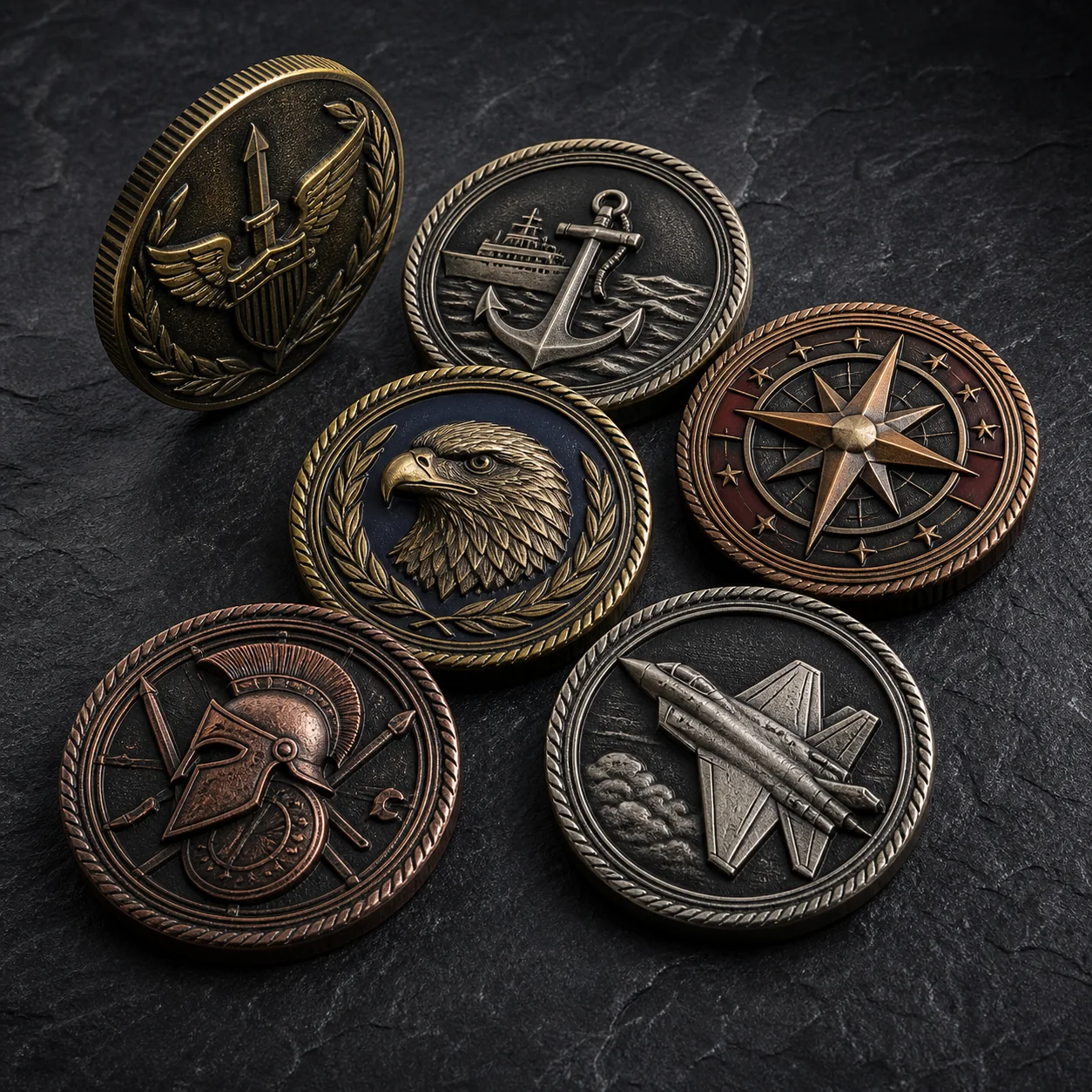 Custom challenge coins with raised relief and antique metal finishes
