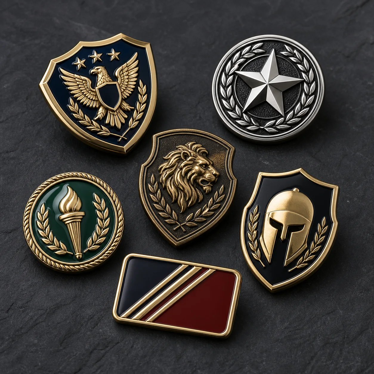 Custom metal badges with shield, round and rectangular shapes