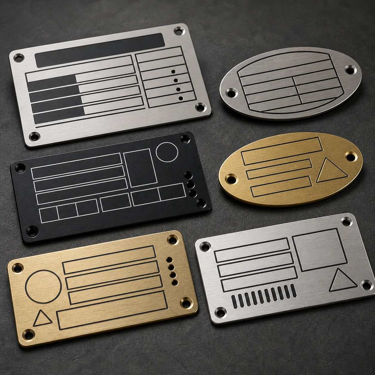 Custom industrial metal nameplates with serial numbers and mounting holes