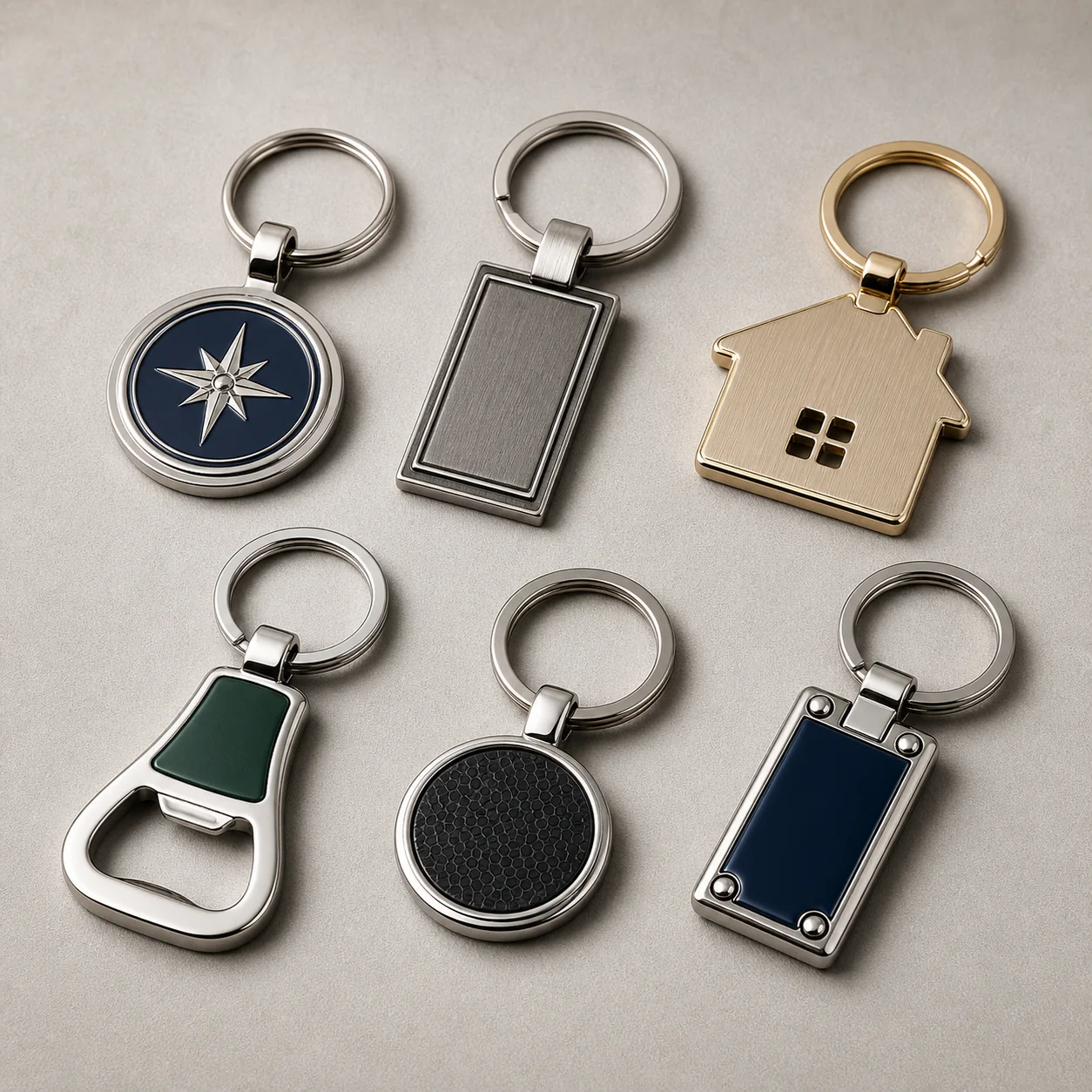 Custom metal keychains with engraved logos and bottle opener shapes