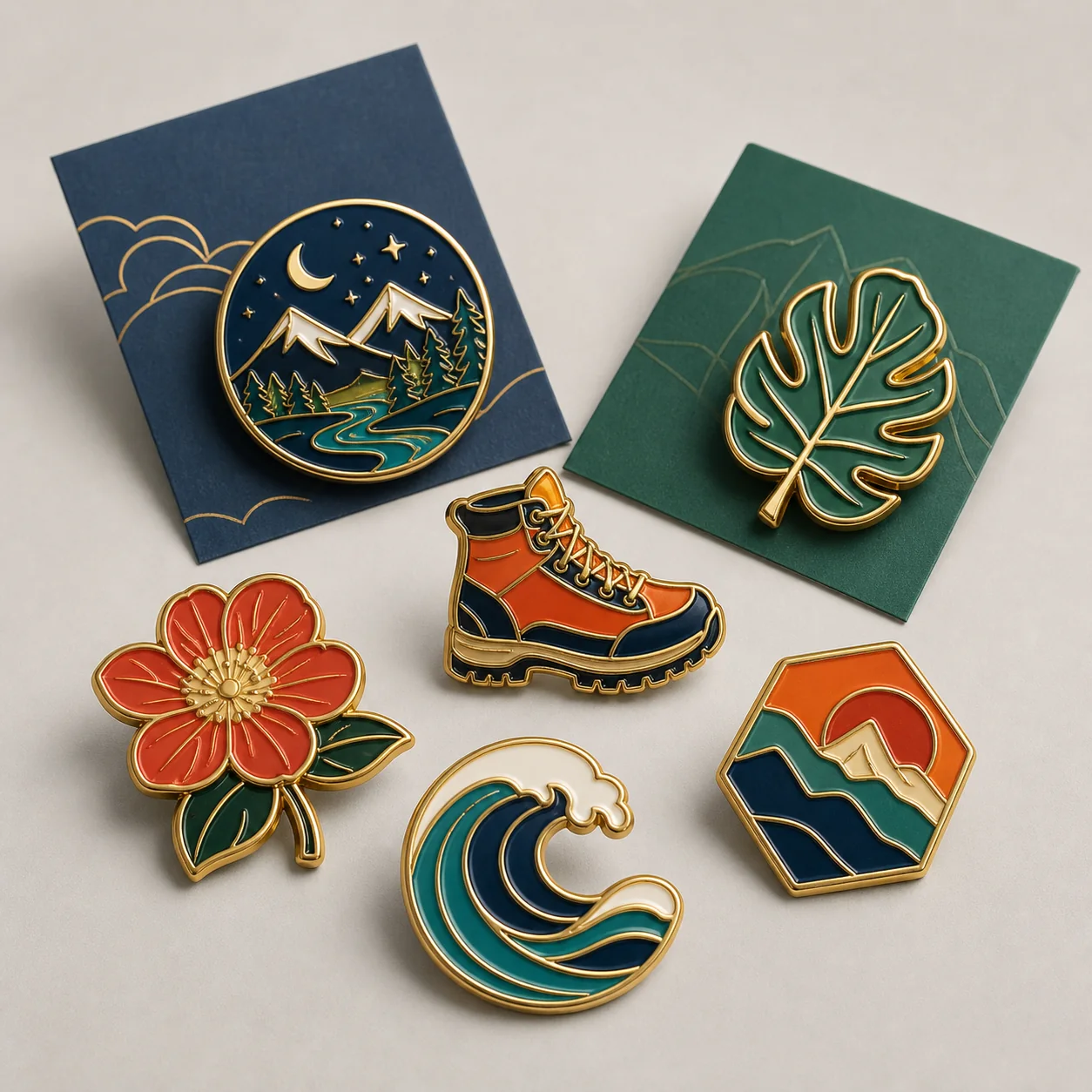 Custom soft enamel pins with colorful artwork and backing cards