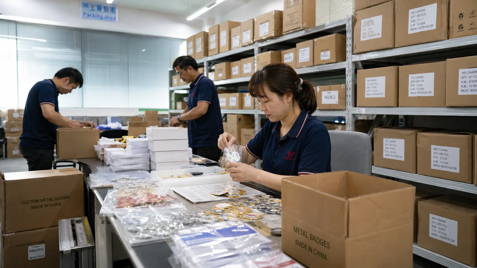 Factory packing area for metal badges and metal craft orders
