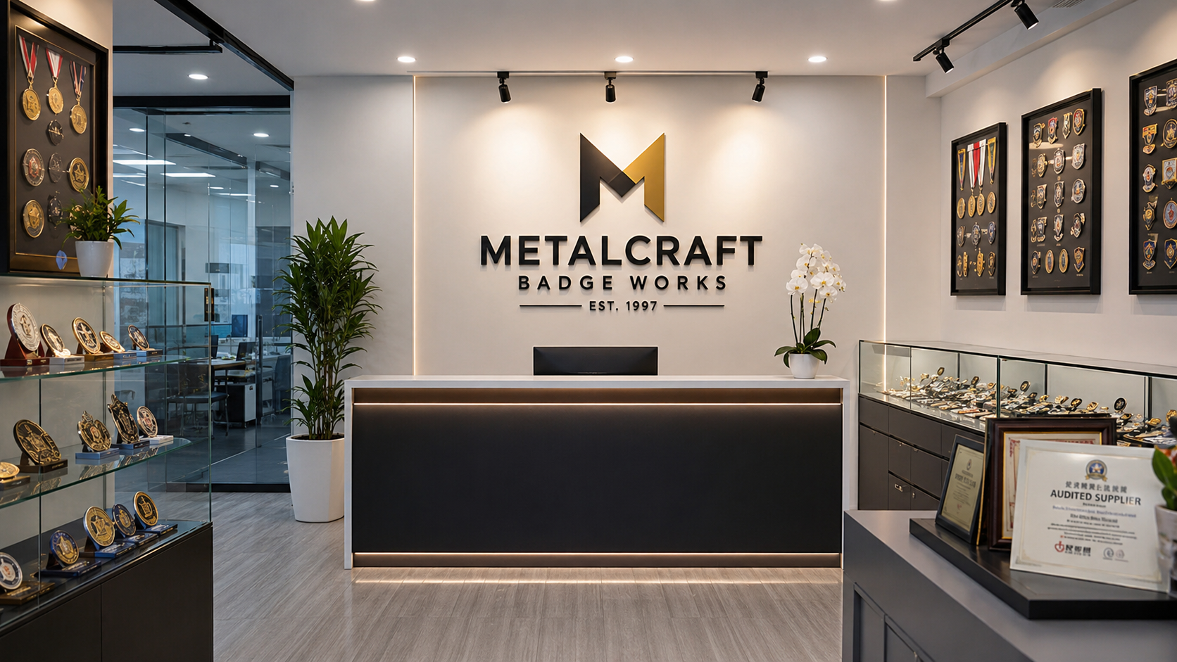 Metal badge showroom and reception area with display cases and sample products
