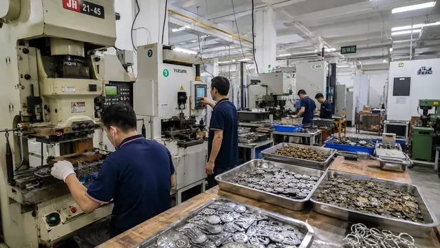 Workers operating metal badge stamping equipment in the factory