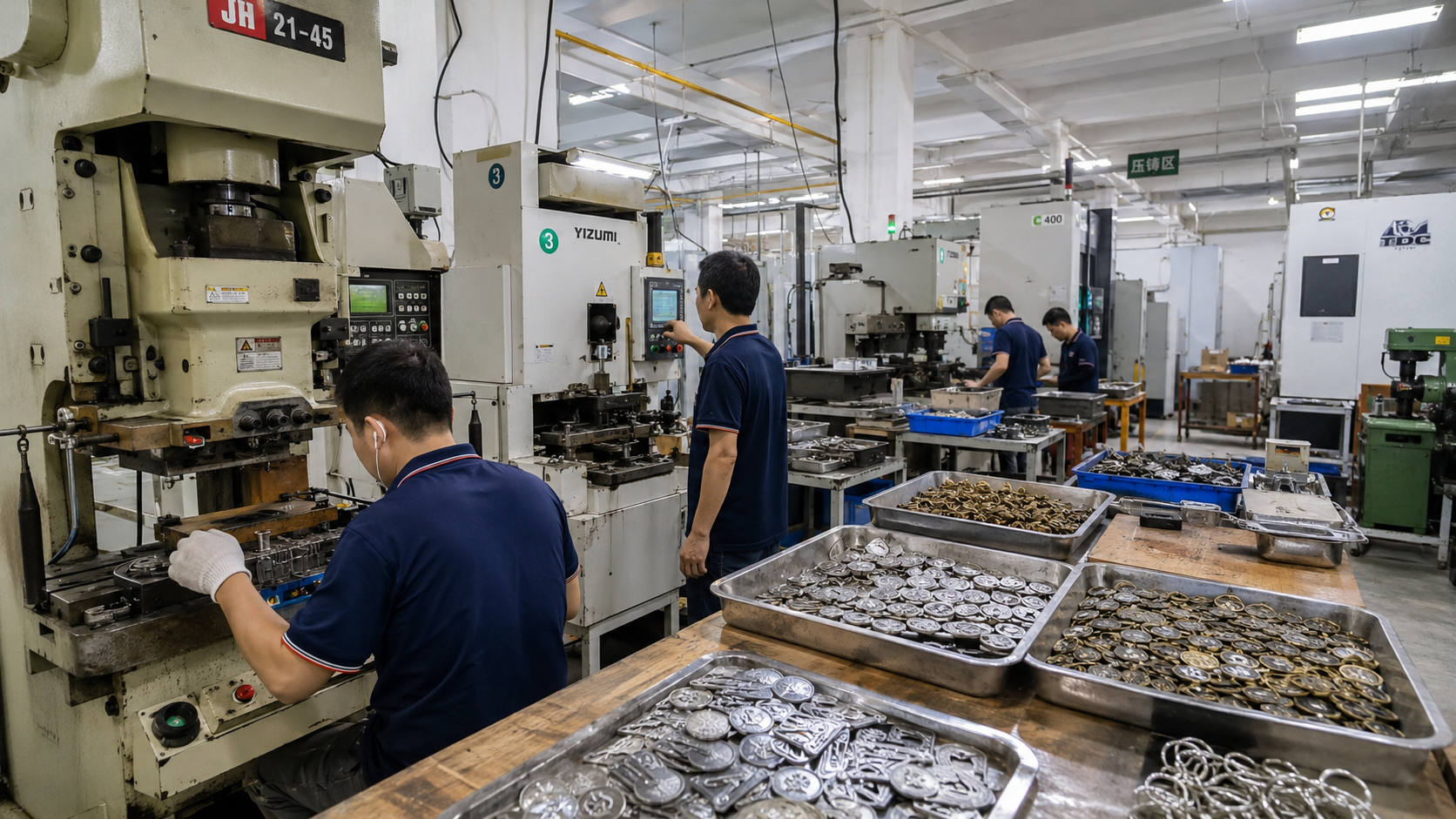 Metal badge stamping workshop with workers and trays of metal parts