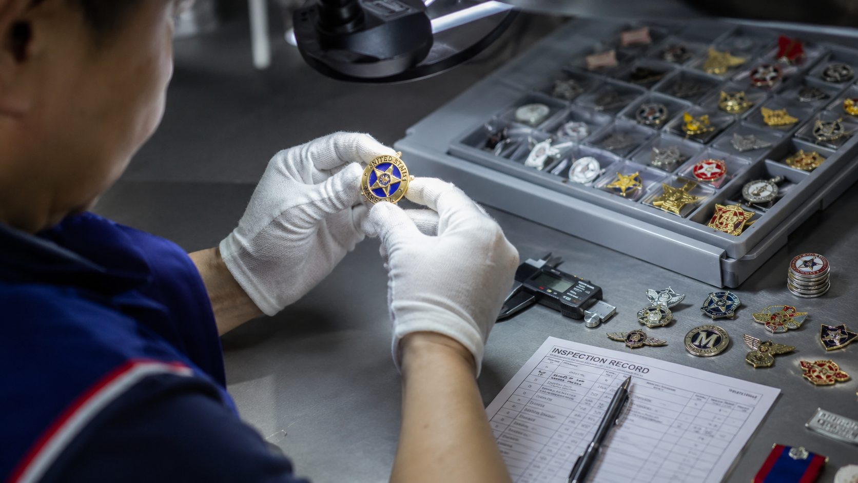Quality inspection of custom metal badges under magnifier