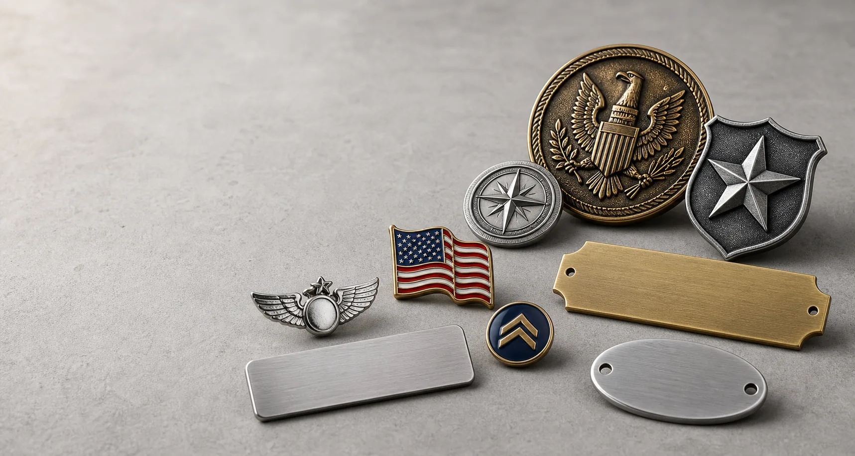 Custom metal badges, enamel pins, challenge coins, medals and metal name plates