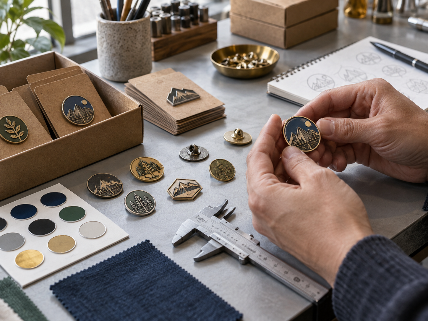 Personalized metal badge samples reviewed with recyclable backing cards, color samples and a caliper