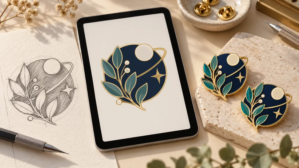 An enamel pin concept moves from a pencil sketch to simplified digital artwork and finished metal pins