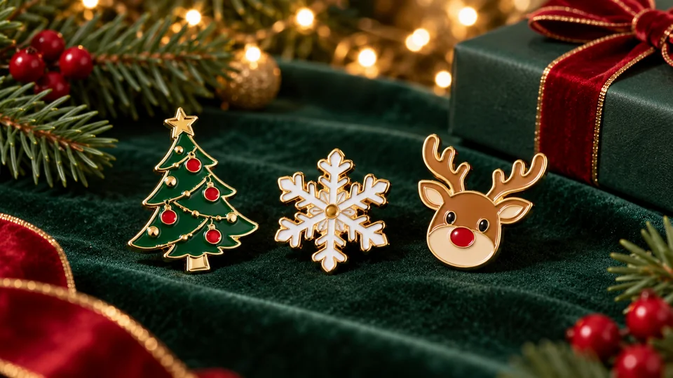 Three custom Christmas enamel lapel pins shaped like a decorated tree, snowflake and reindeer arranged on evergreen velvet