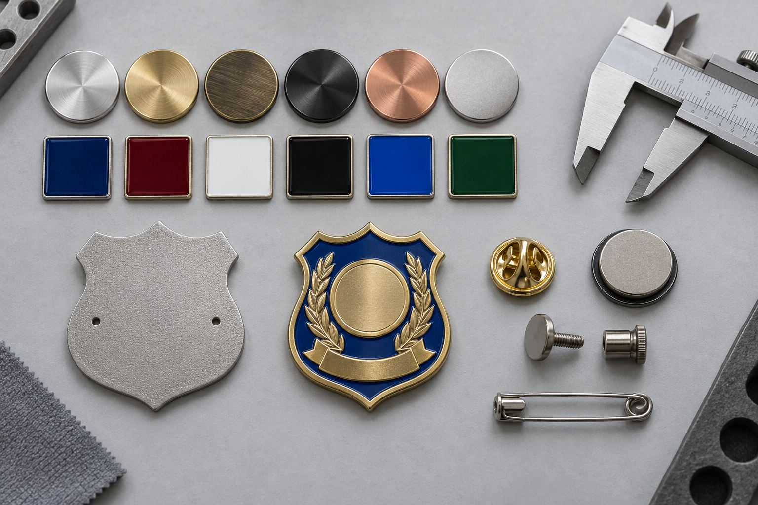 Metal badge finish samples, enamel colors, caliper and attachment options