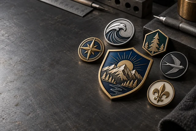 Custom metal badges in different shapes and finishes on a dark workbench