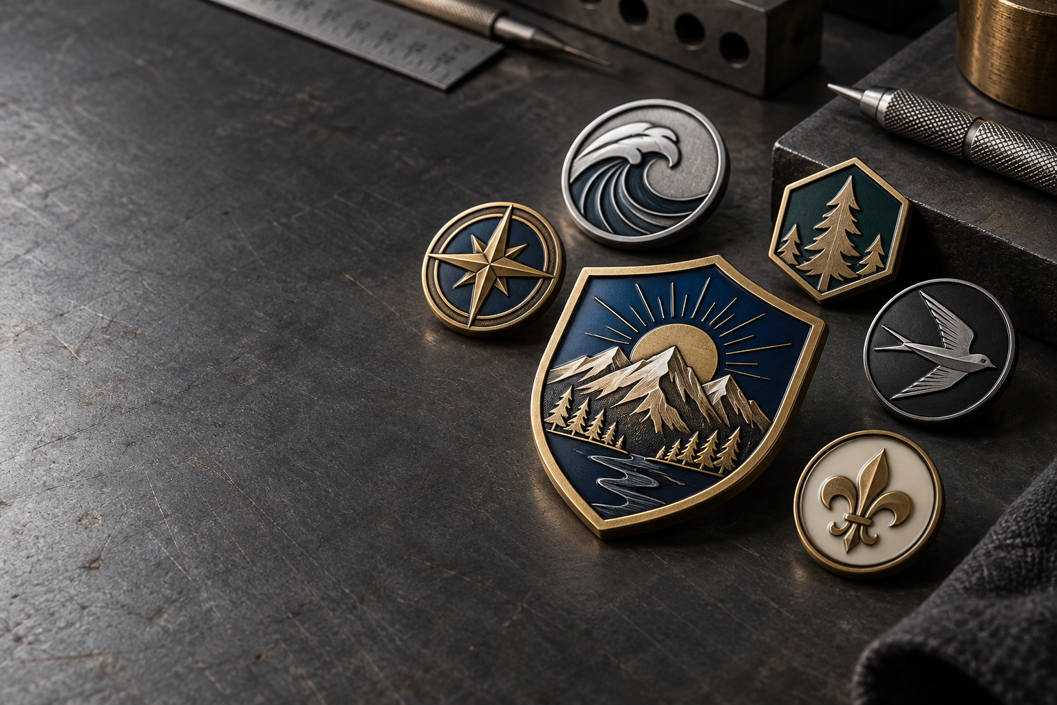 Custom metal badges in different shapes and finishes on a dark workbench
