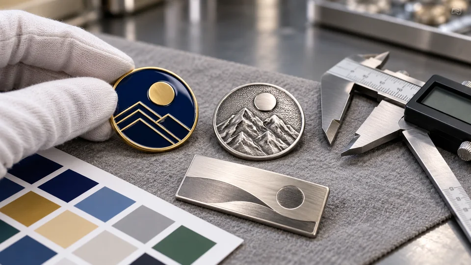 An inspector checks a custom navy and gold metal badge with a digital caliper and color samples on a quality-control bench
