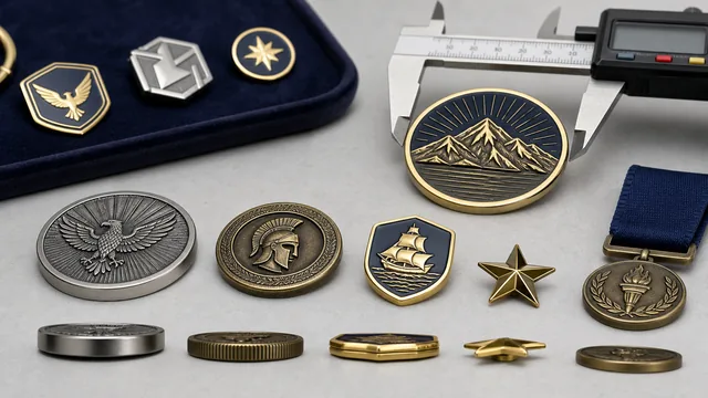 Custom metal badges in different sizes and thicknesses beside a caliper