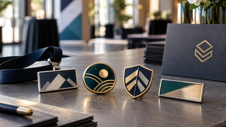 Custom metal event badges arranged at a corporate conference check-in table