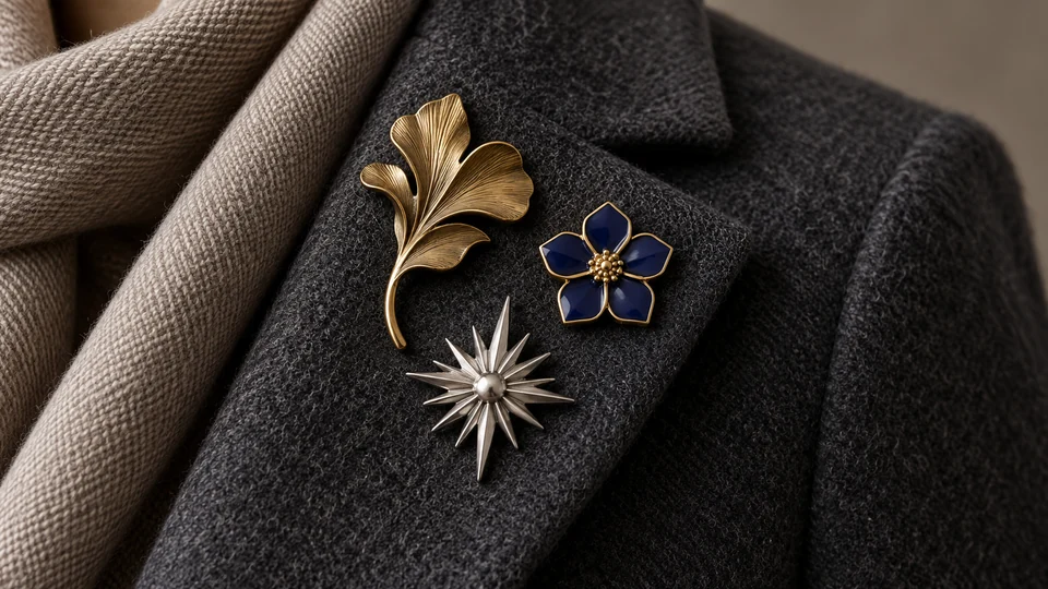 Custom metal brooch pins in antique gold, silver and blue enamel styled on a charcoal wool coat lapel