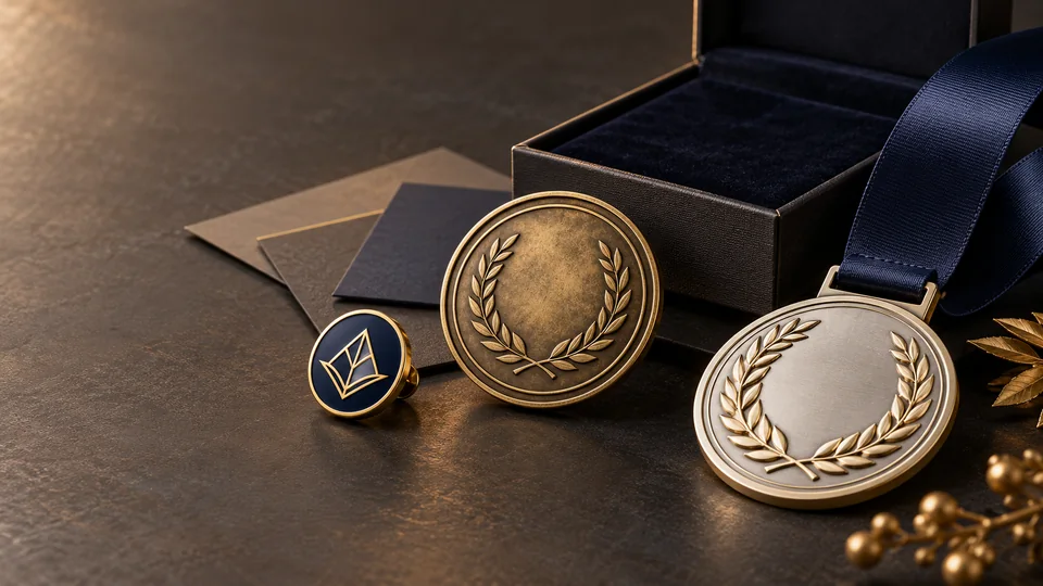 Custom enamel lapel pin, antique brass challenge coin and award medal arranged as a year-end recognition gift set