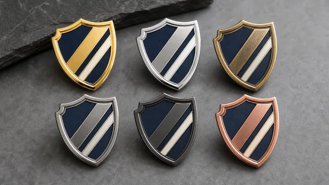 Matching metal badges in gold silver antique copper and black nickel finishes