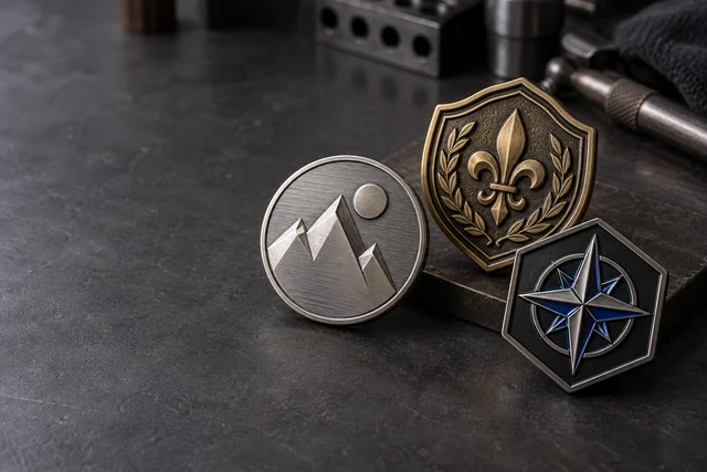 Custom metal badges in silver antique brass and black nickel finishes on a metalworking bench