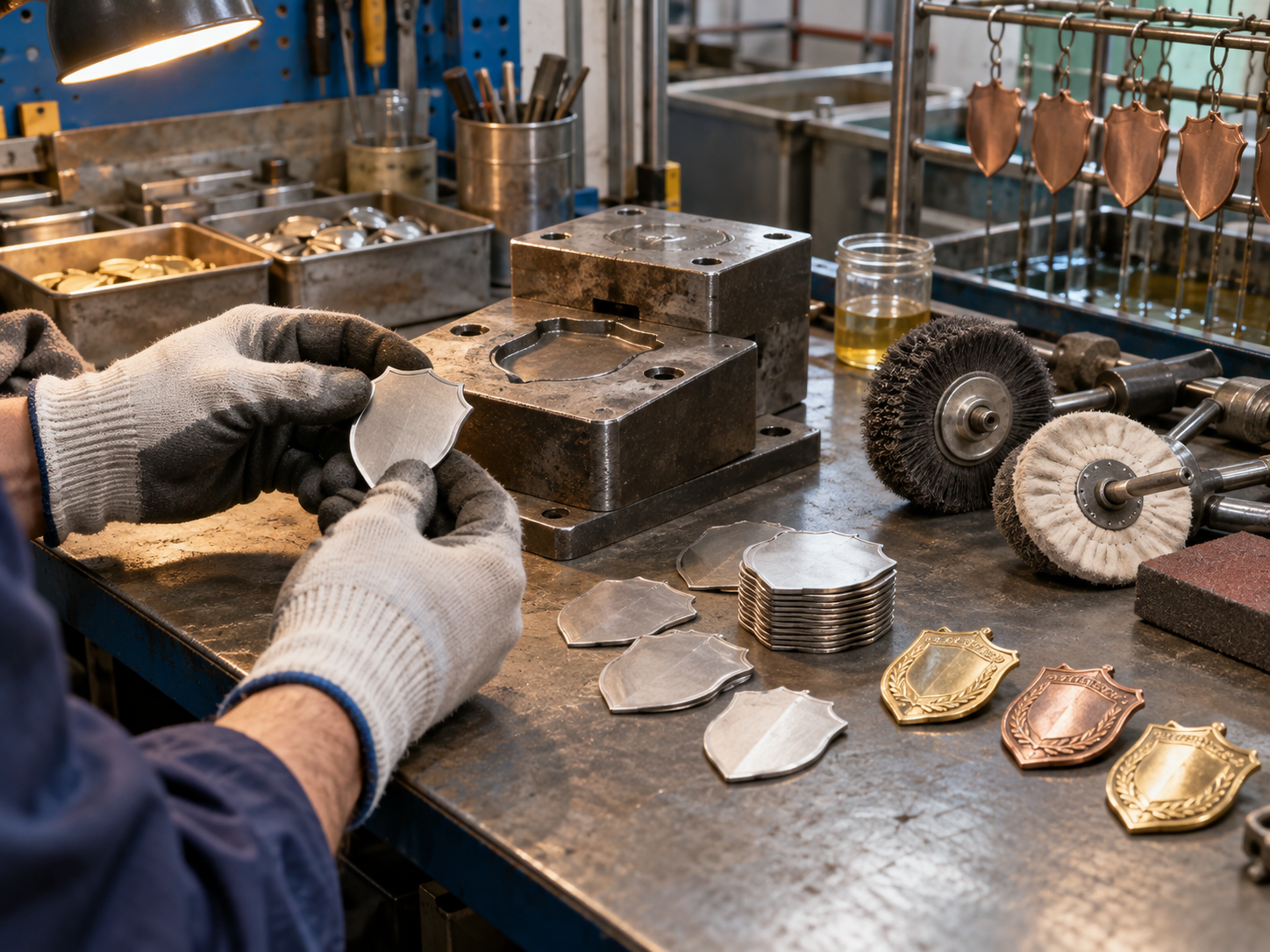 Metal badge blanks inspected beside a steel die polishing tools and finished plated badges in a workshop