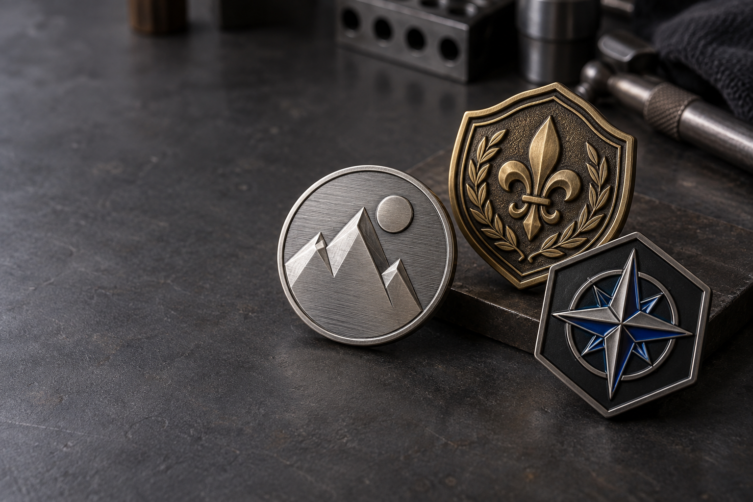 Custom metal badges in silver antique brass and black nickel finishes on a metalworking bench