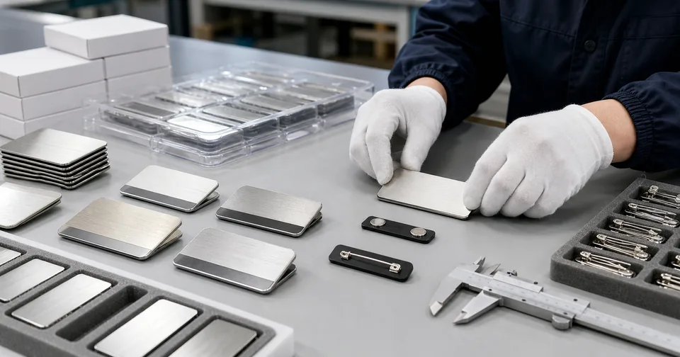 Worker assembling brushed metal name tags with magnetic and pin backings in a clean workshop