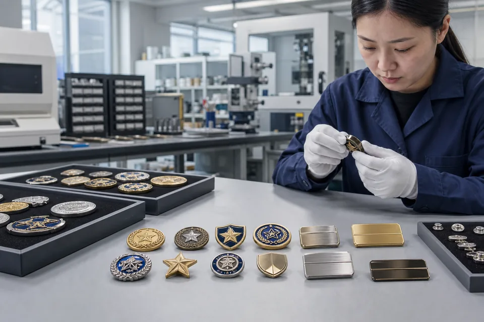 Quality inspector reviewing custom metal badges and lapel pins in a badge manufacturing workshop