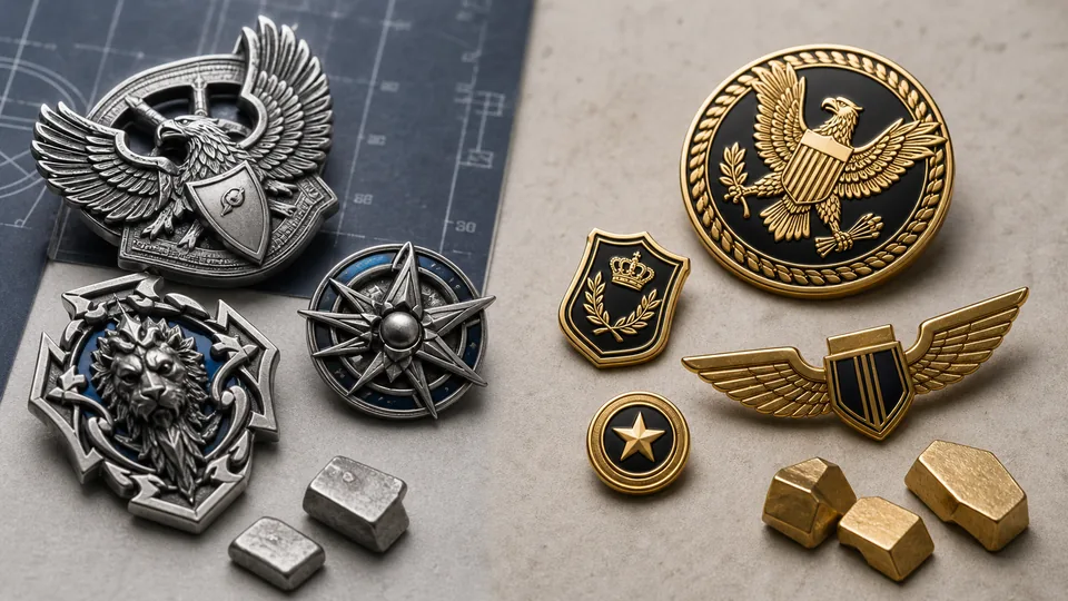 Complex zinc alloy badges compared with crisp stamped brass badges